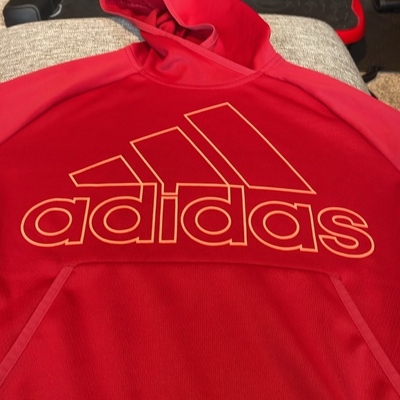 ADIDAS Red/Coral Athletic Hoodie Shirt SZ L Large Logo Spellout CLIMAWARM - Picture 4 of 11